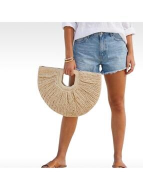 Ramla Woven Straw Half Moon Fan Bag Beige Raffia Beach Handbag - NWT